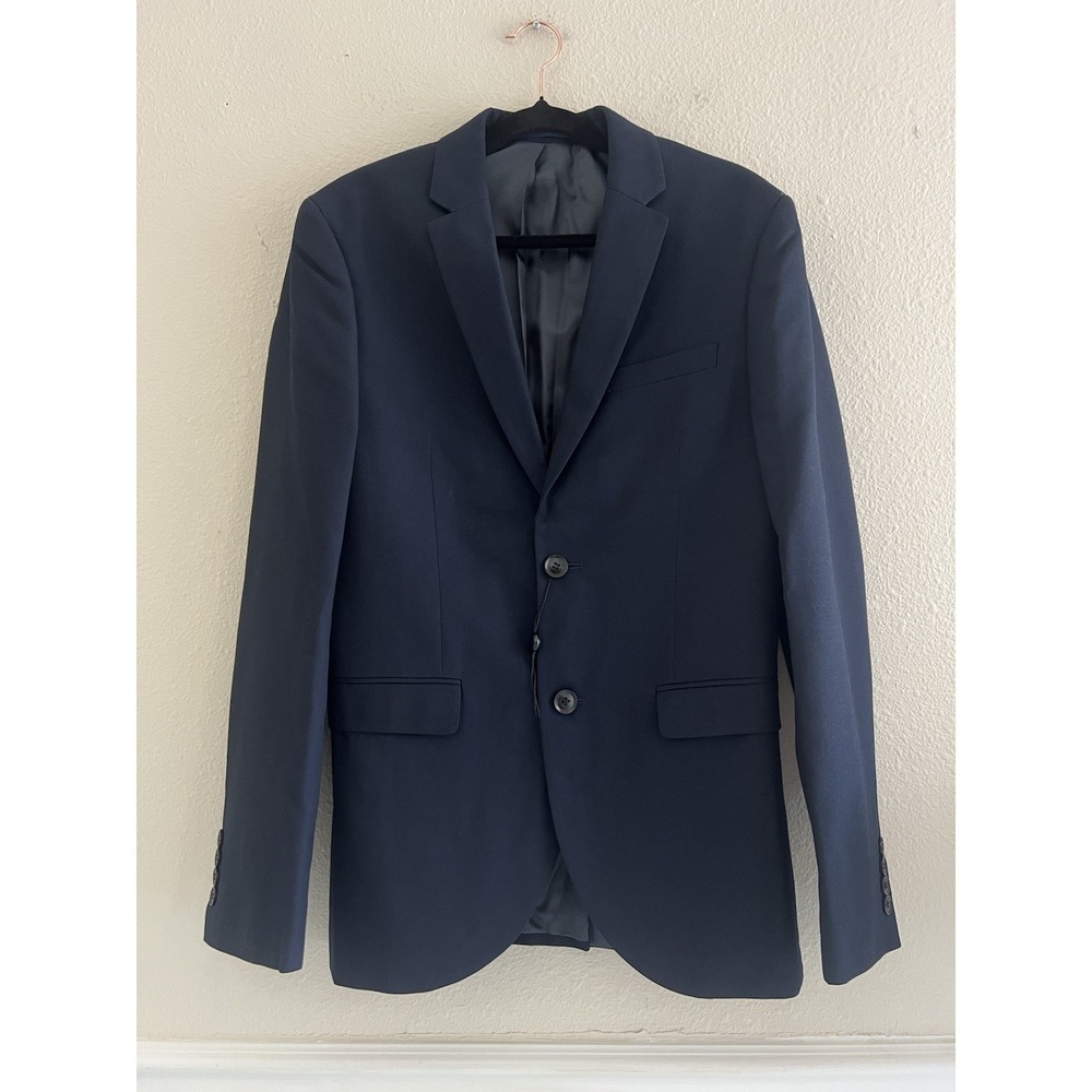 Topman Mens Skinny Fit Suit Jacket 36R Navy Blue Two Button Modern Blazer Career